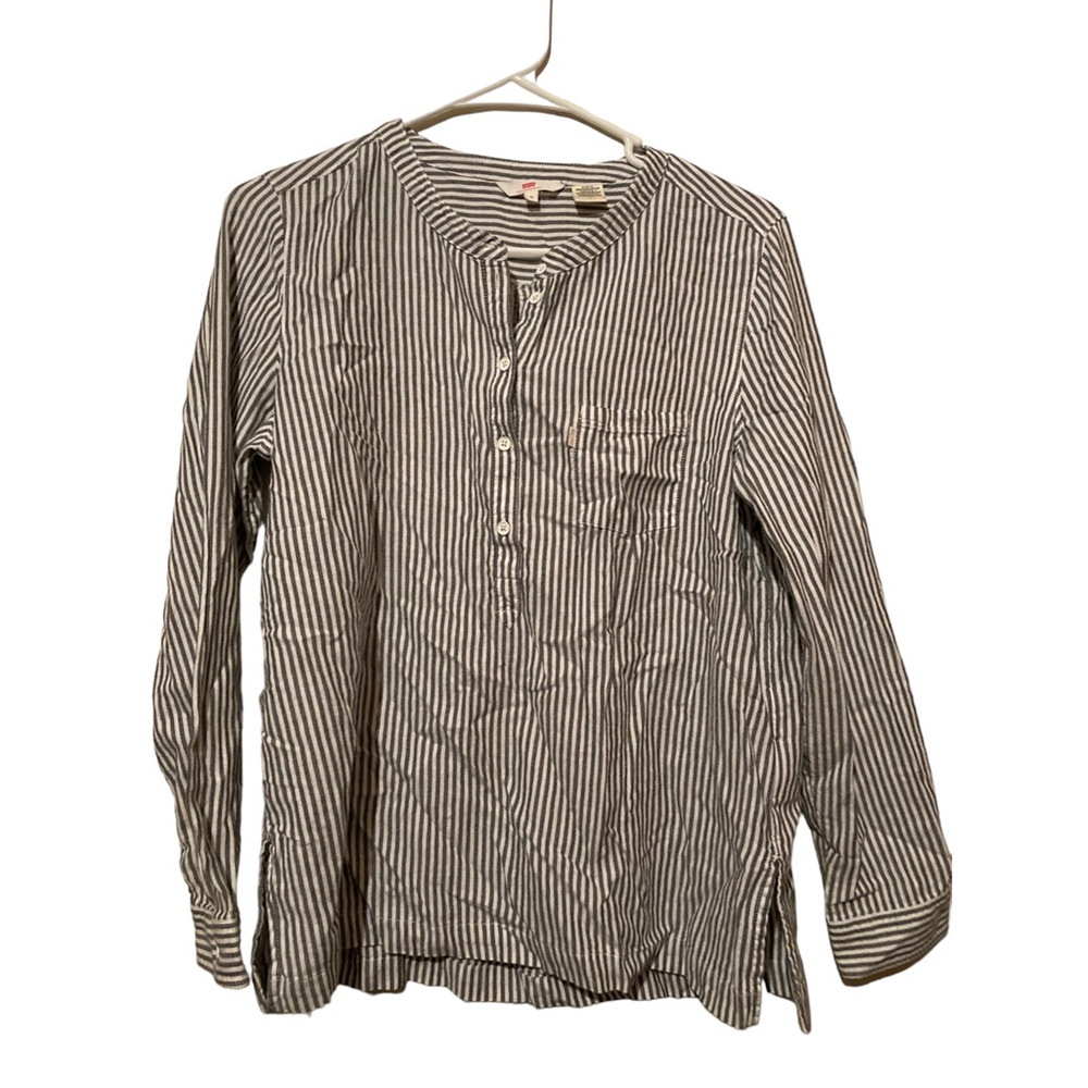 Levi's Womens Blouse Black Striped 1/2 Button Long Sleeve Button Cuff Pockets‎ M